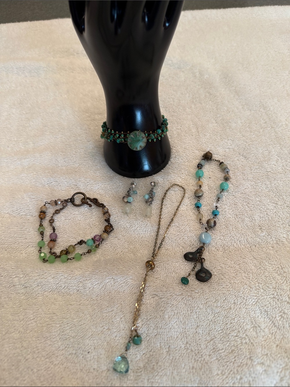 FOUR Artisan Turquoise Beaded & Crystal Bracelets with Coordinating Earrings